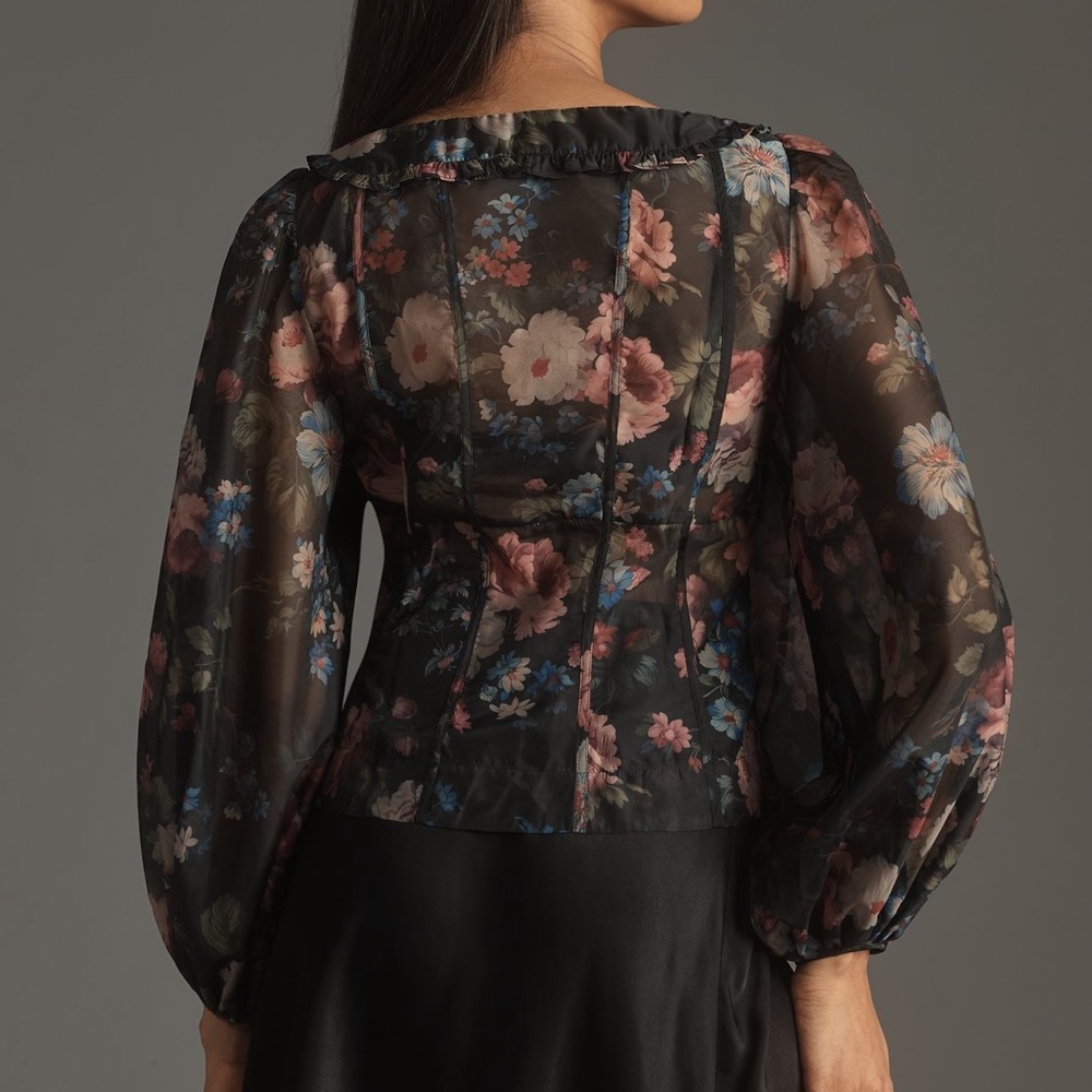 Anthropologie Floral Sheer Blouse - Black, Pink, Blue - Picture 2 of 11